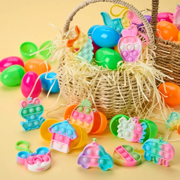 46Pcs Pre Filled Colorful Eggs with Pop Keychains with 23 Pop Fillers for Easter Egg Hunt