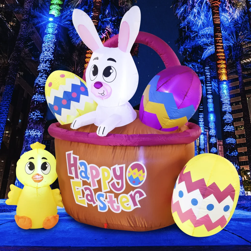 How can I secure my inflatable Easter decorations against wind and weather?