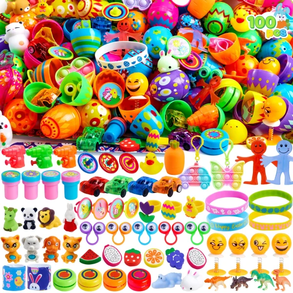 100Pcs Prefilled Printed Eggs with Toys Plus Stickers Inside, Stuffed Eggs for Easter Egg Hunt