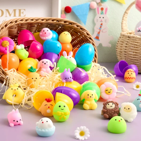 24Pcs Mochi Squishy Toy Prefilled Easter Eggs, Squeeze Toy Fillers for Easter Egg Hunt