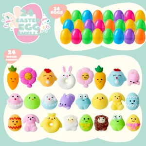 24Pcs Mochi Squishy Toy Prefilled Easter Eggs, Squeeze Toy Fillers for Easter Egg Hunt