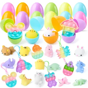 24Pcs Prefilled Easter Eggs with Mochi and pop Bubble Keychains for Kids to Egg Hunt