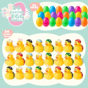 24Pcs Prefilled Easter Eggs with Rubber Ducks, Variety Duckies for Easter Egg Hunt