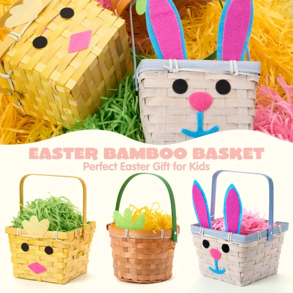 3Pcs Easter Bamboo Baskets, Bunny Chick Carrot Baskets for Baby Girls Boys First Easter