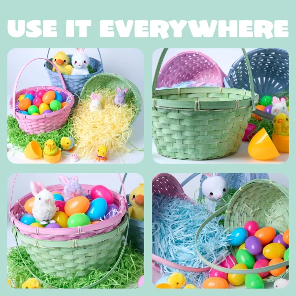 3Pcs Easter Bamboo Baskets with Folding Handle for Easter Egg Hunt
