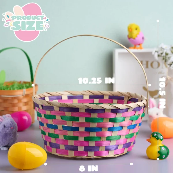 Easter Colorful Round Bamboo Woven Goodie Basket with Folding Handle