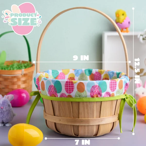 Easter Wooden Basket with Liner, Portable Wood Buckets with Folding Handle