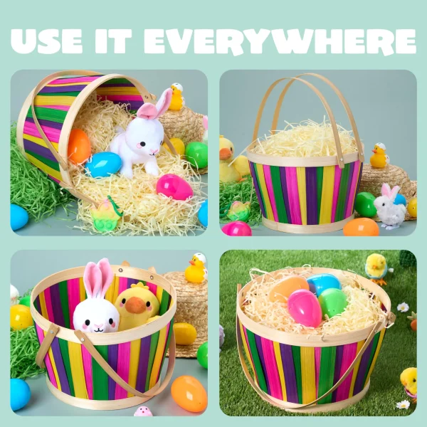 Multicolor Easter Bamboo Basket, Portable Buckets with Folding Handles