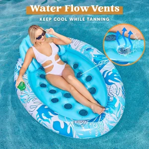 Oval Inflatable Tanning Pool Floats with Backrest Cup Holders (Blue)